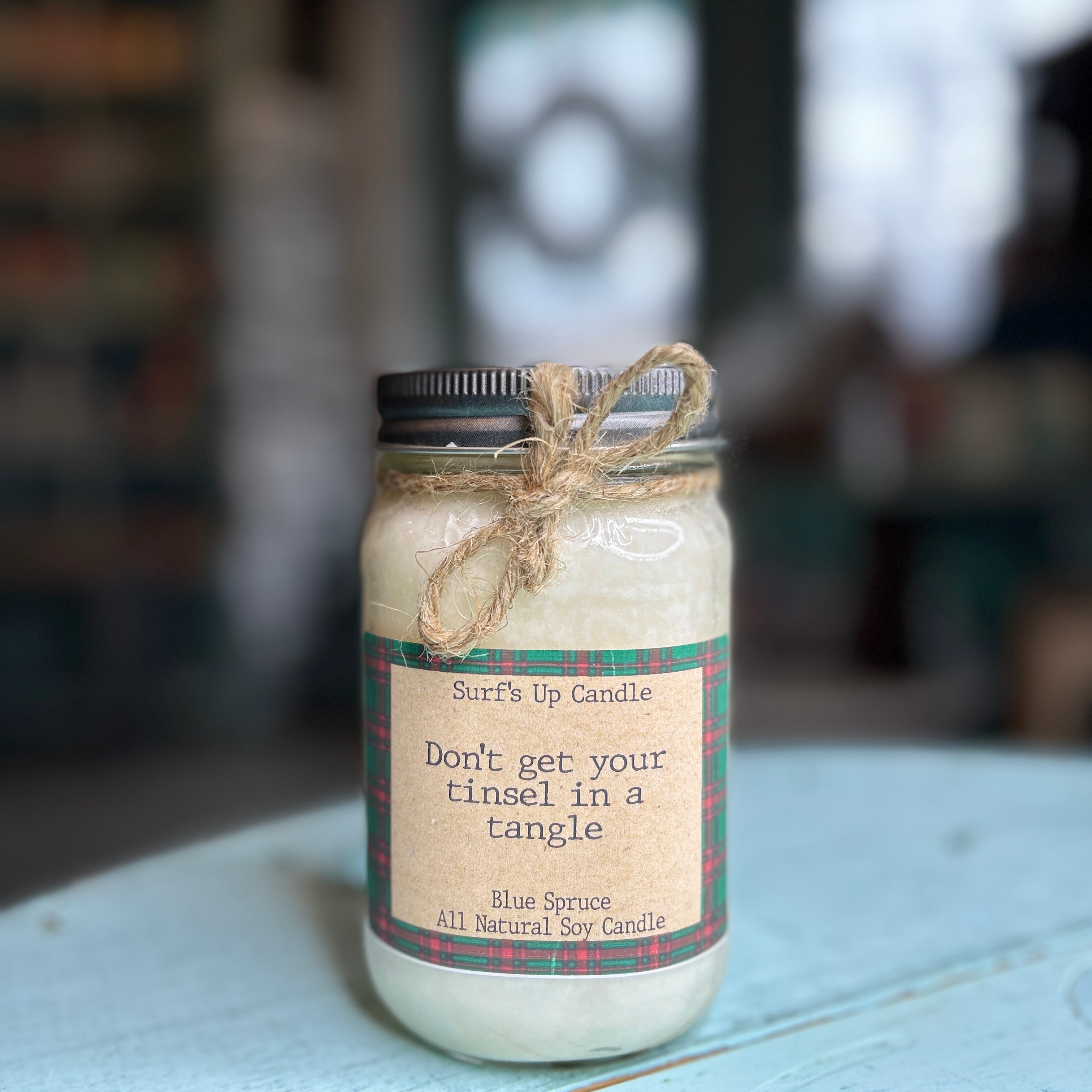 Tinsel in a tangle Blue Spruce Mason Jar Candle - Christmas Collection