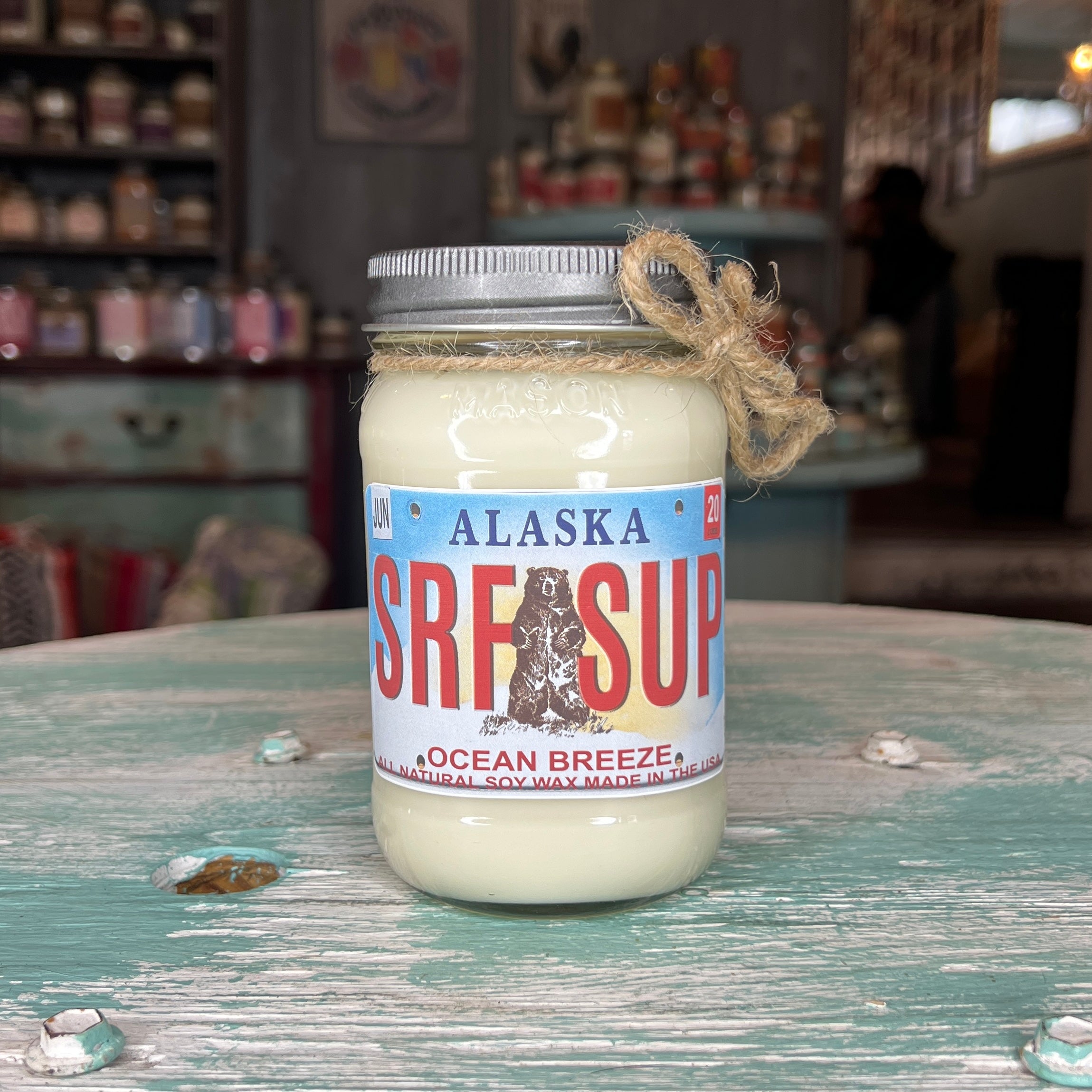 Alaska License Plate Ocean Breeze Mason Jar Candle