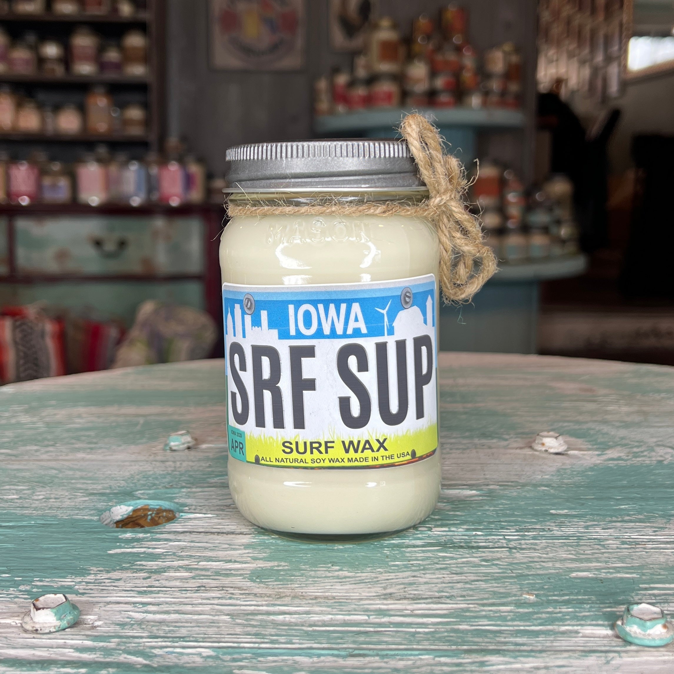 Iowa License Plate Surf Wax Mason Jar Candle