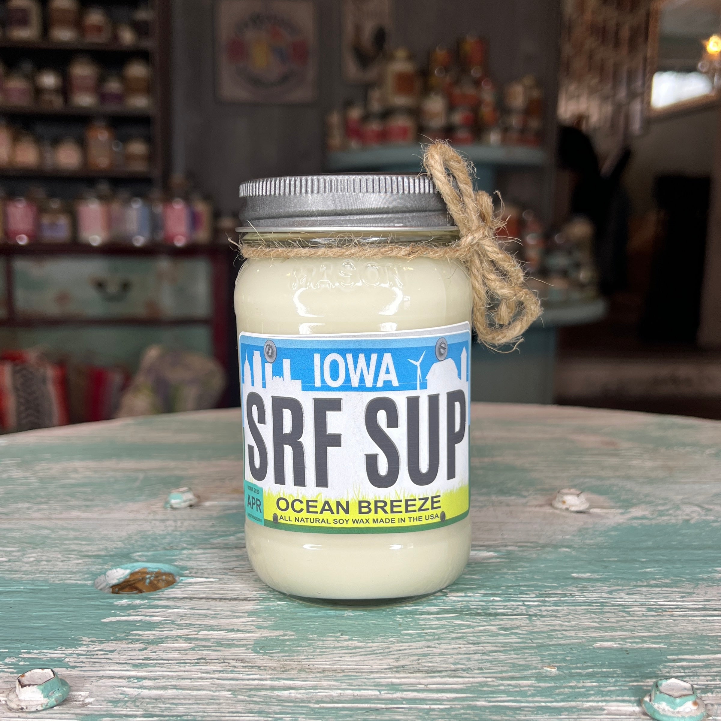 Iowa License Plate Ocean Breeze Mason Jar Candle