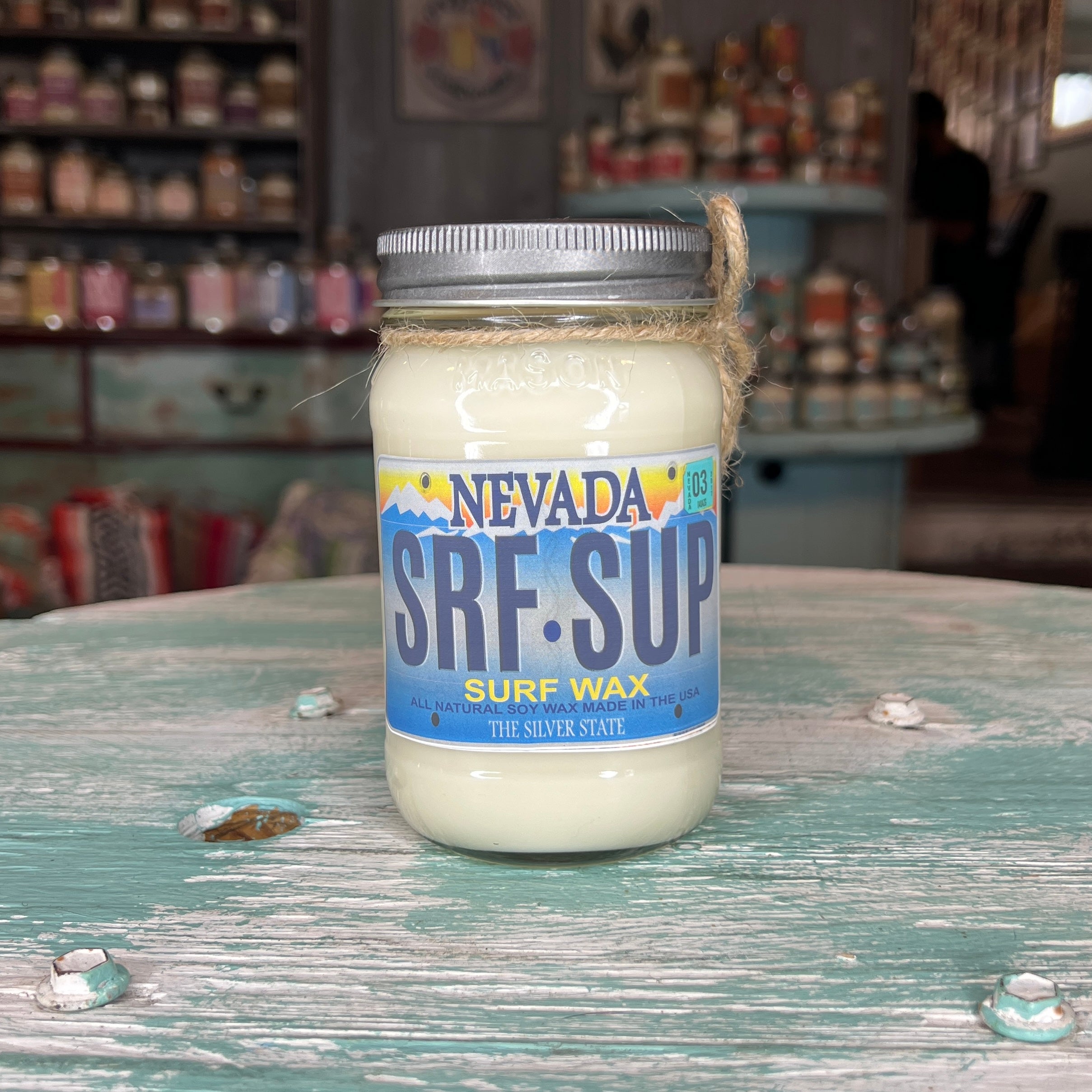 Nevada License Plate Surf Wax Mason Jar Candle