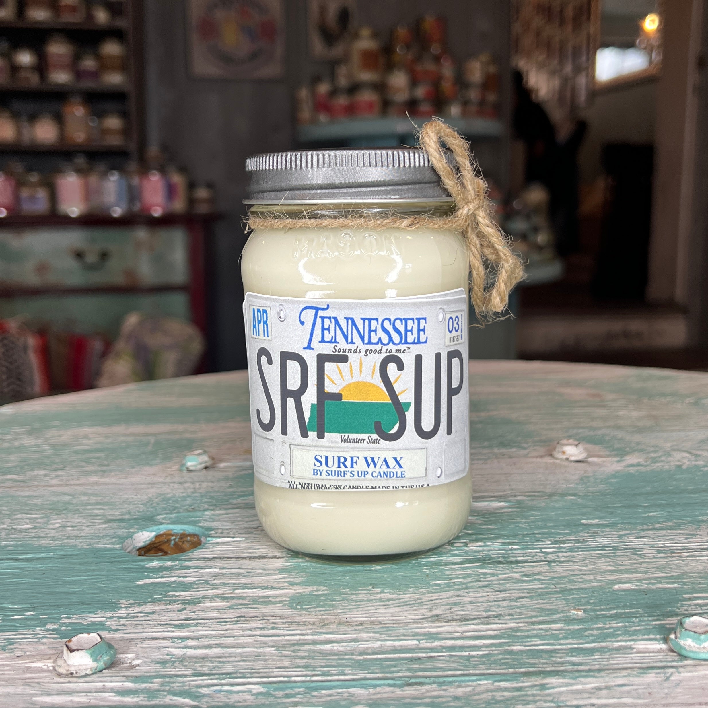 Tennessee License Plate Surf Wax Mason Jar Candle