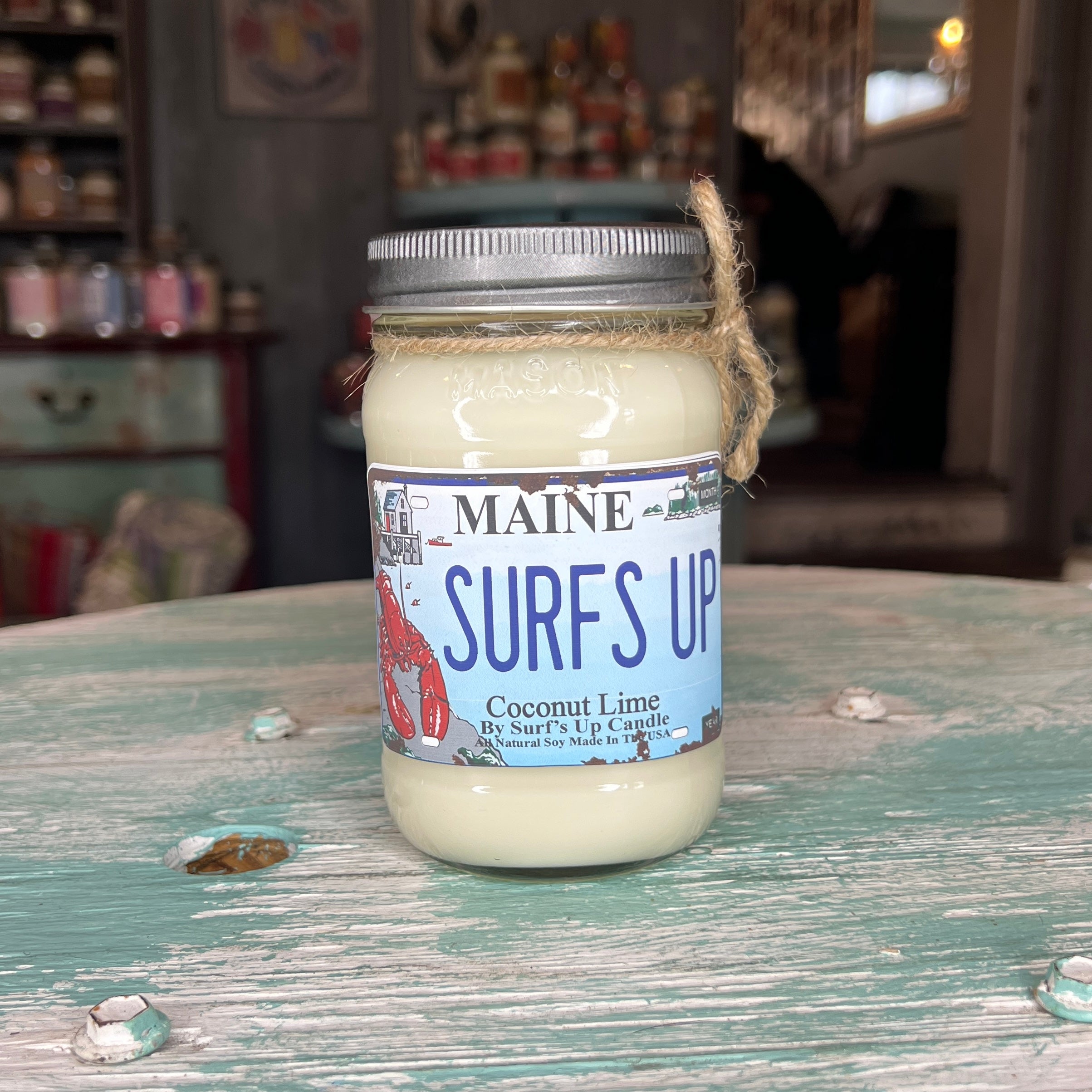 Maine License Plate Coconut Lime Mason Jar Candle