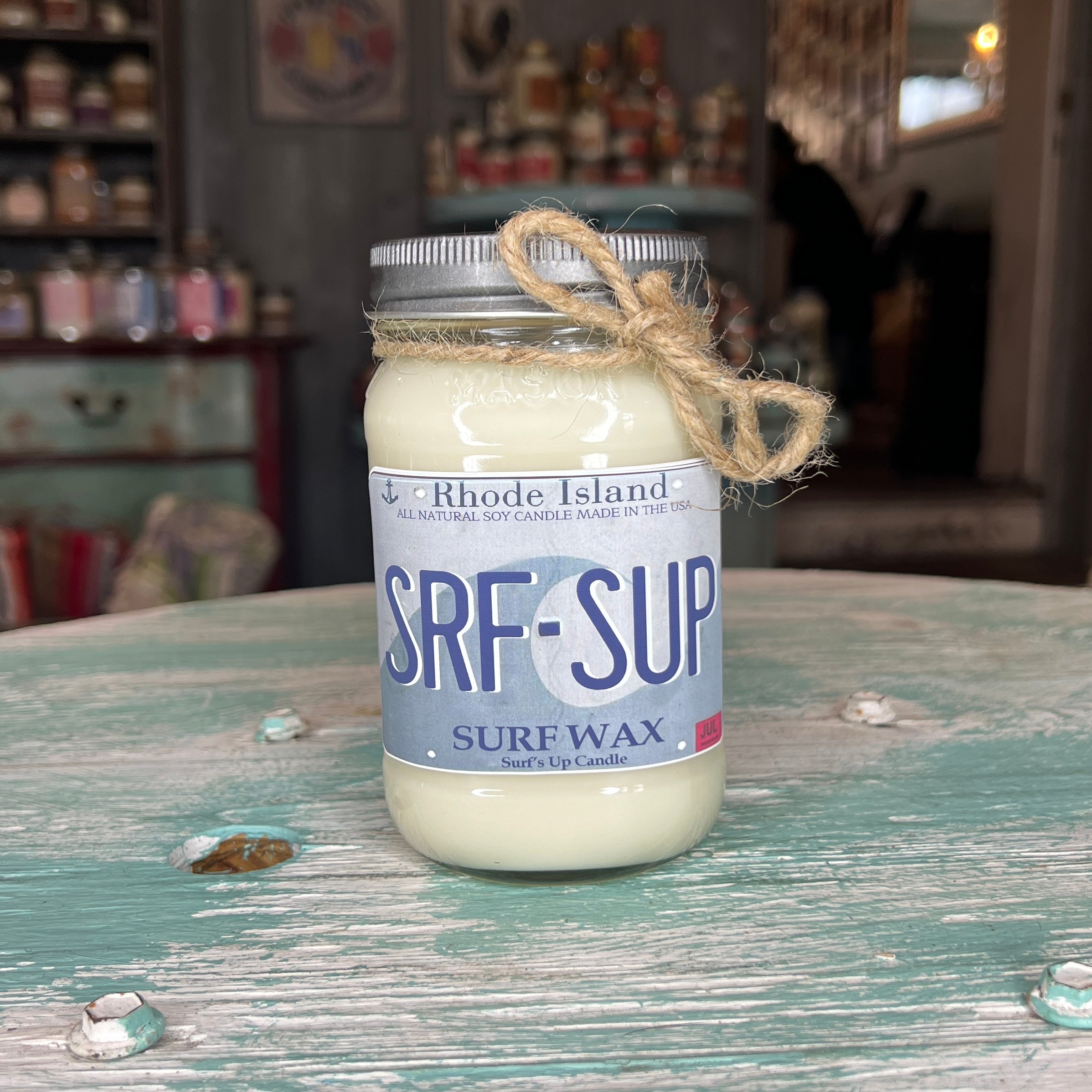 Rhode Island License Plate Surf Wax Mason Jar Candle