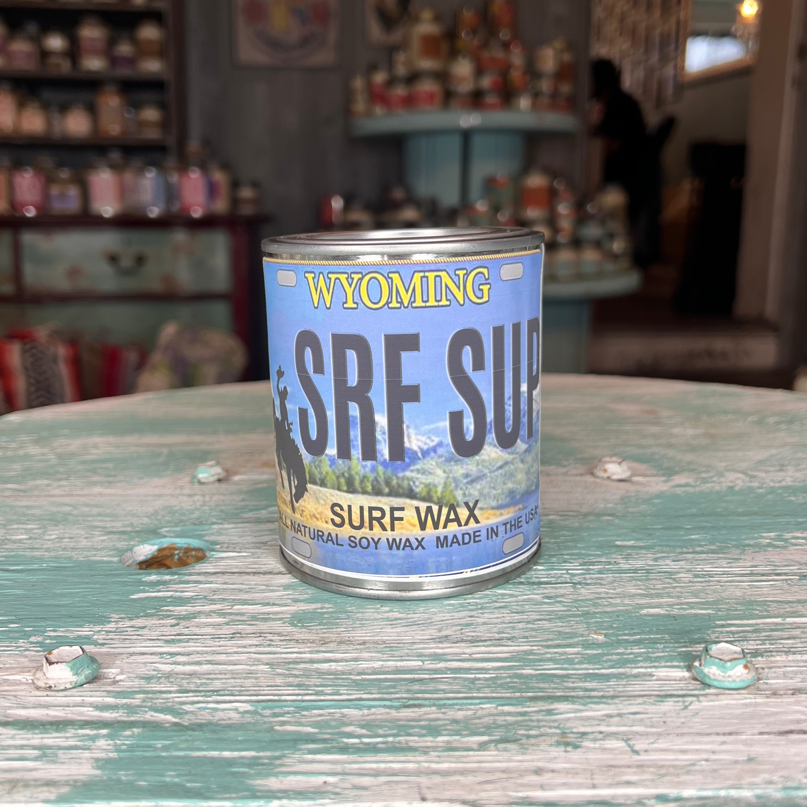 Wyoming License Plate Surf Wax Paint Can Candle