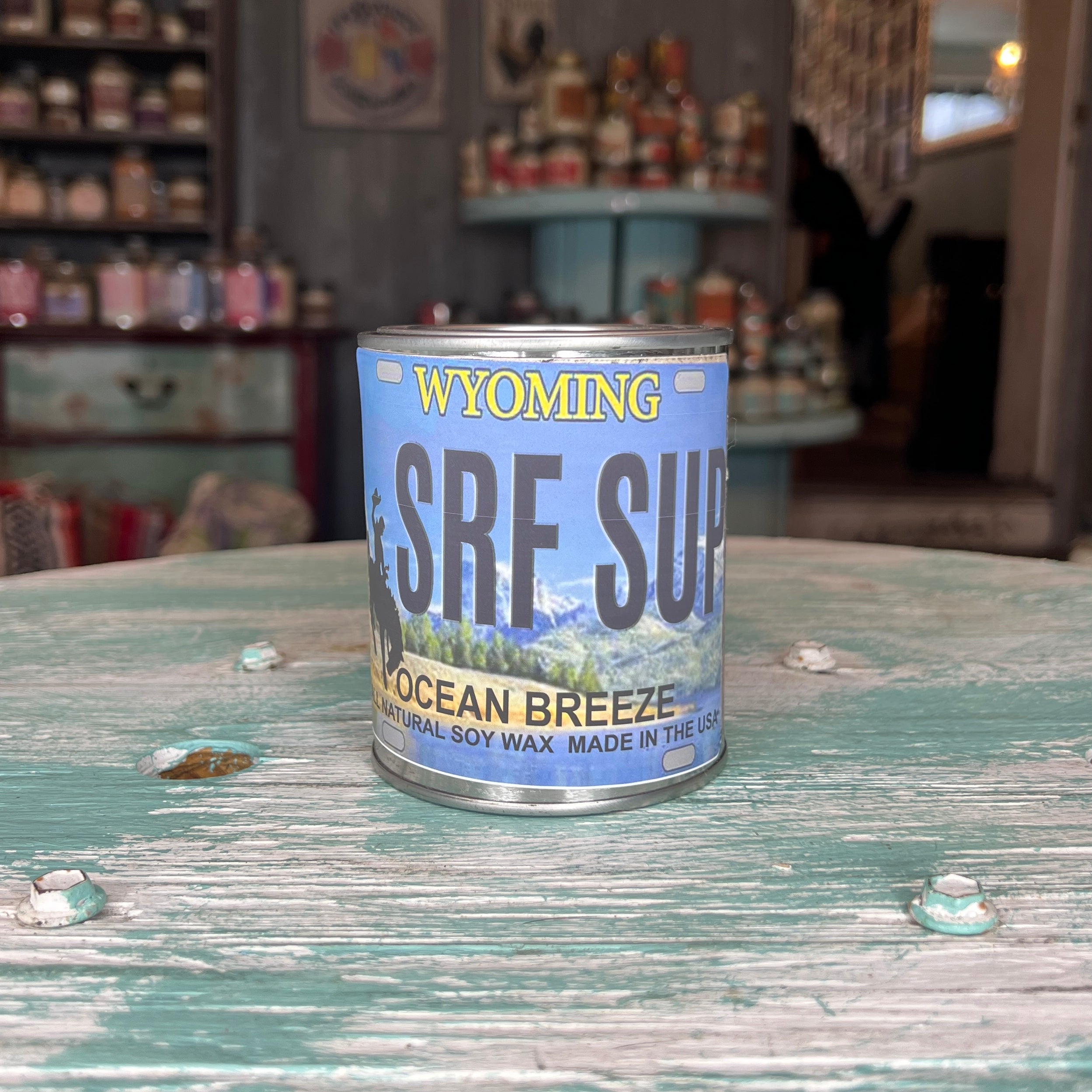 Wyoming License Plate Ocean Breeze Paint Can Candle