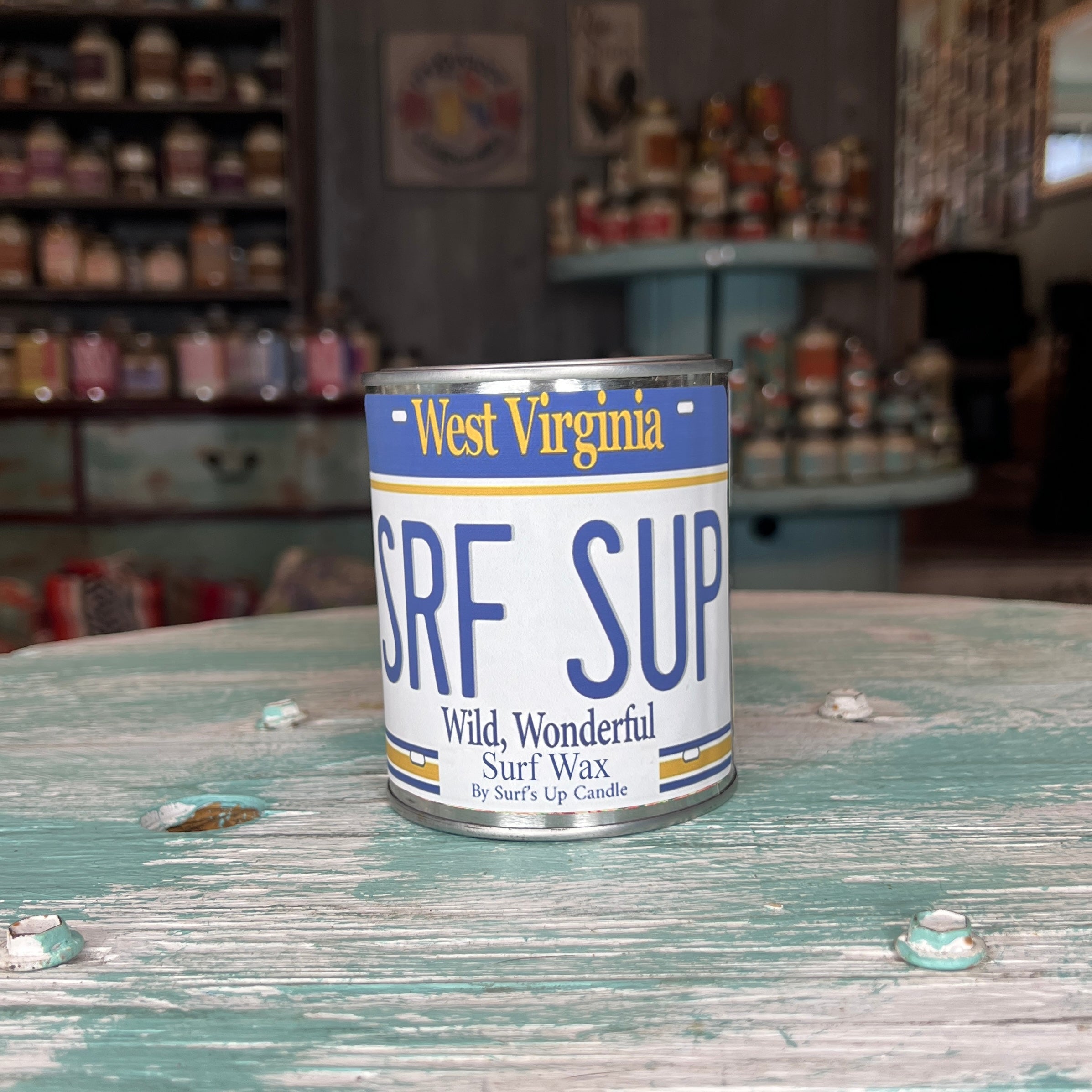 West Virginia License Plate Surf Wax Paint Can Candle