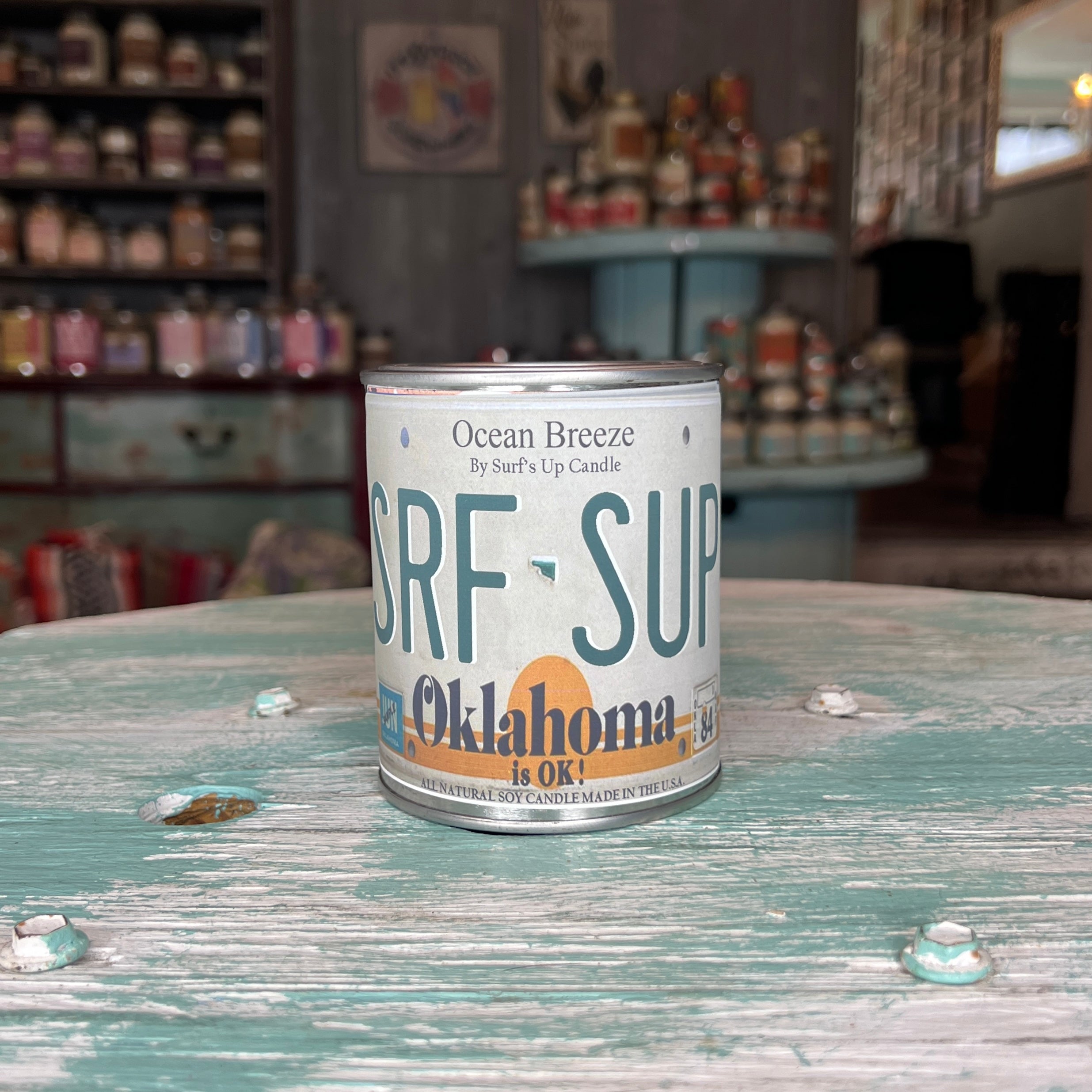 Oklahoma License Plate Ocean Breeze Paint Can Candle