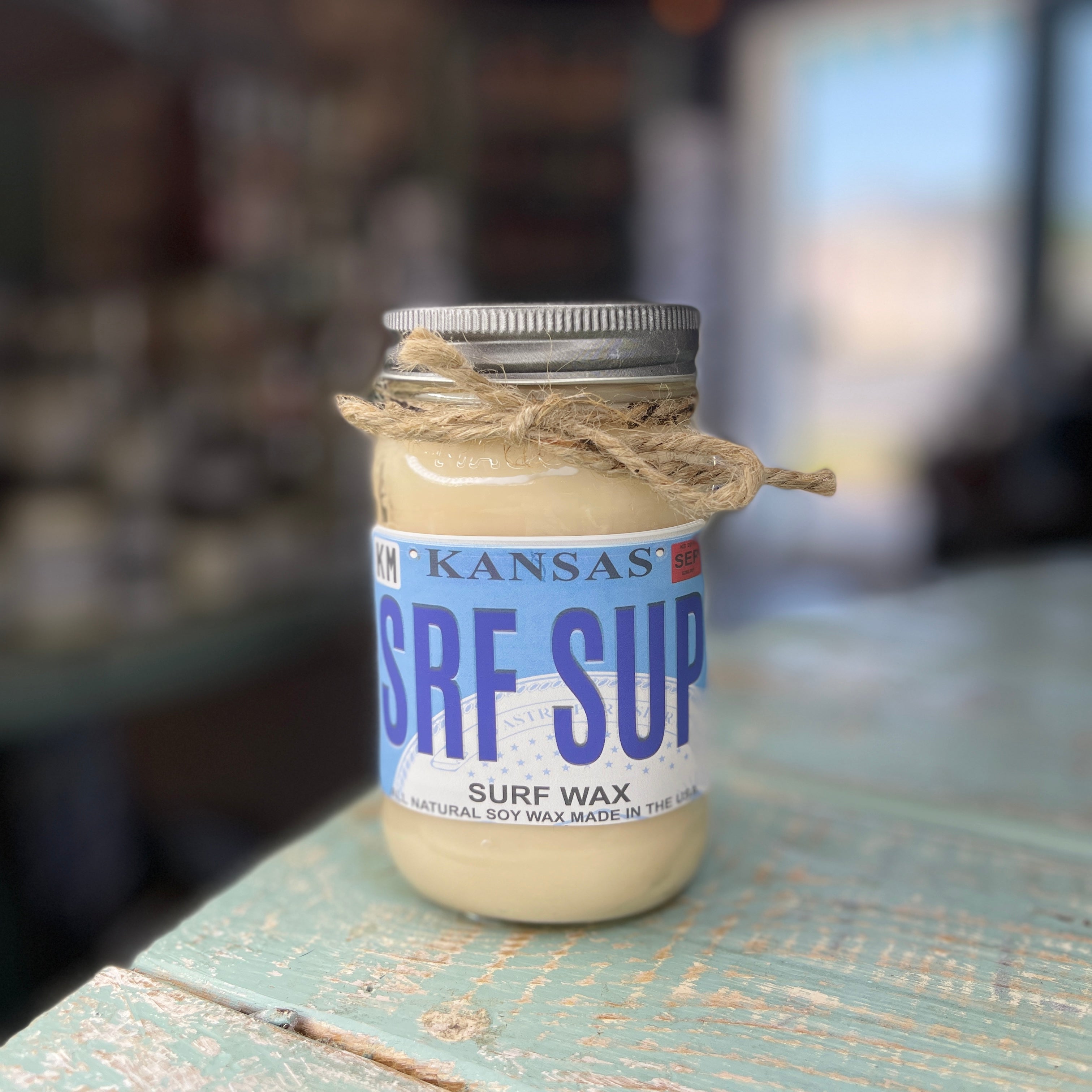 Kansas License Plate Surf Wax Mason Jar Candle