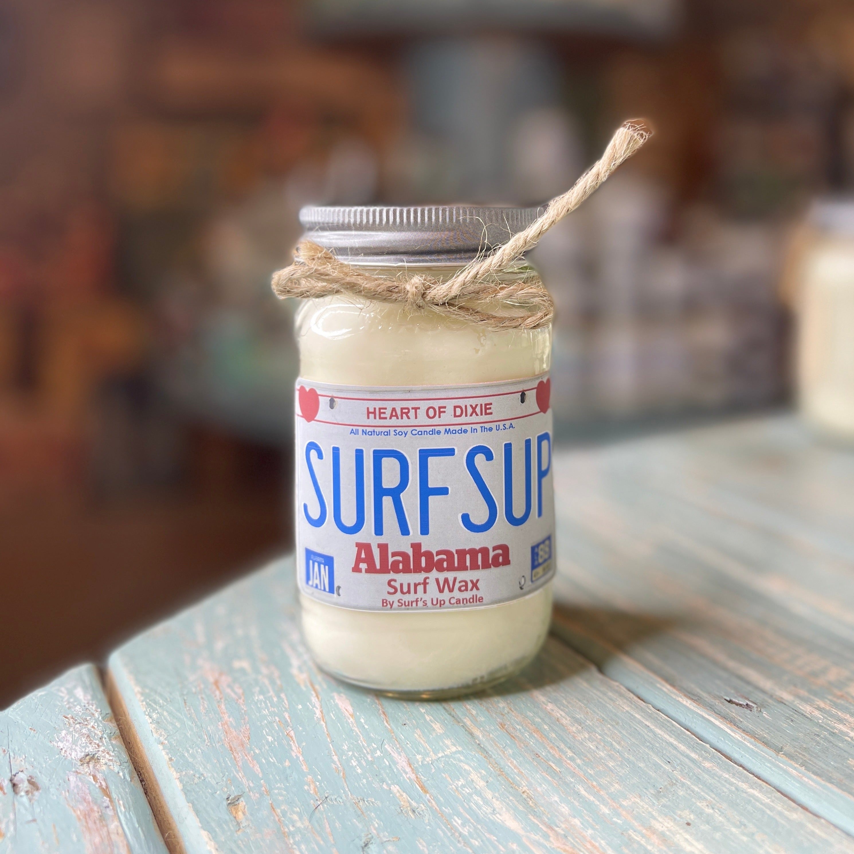 Alabama License Plate Surf Wax Mason Jar Candle