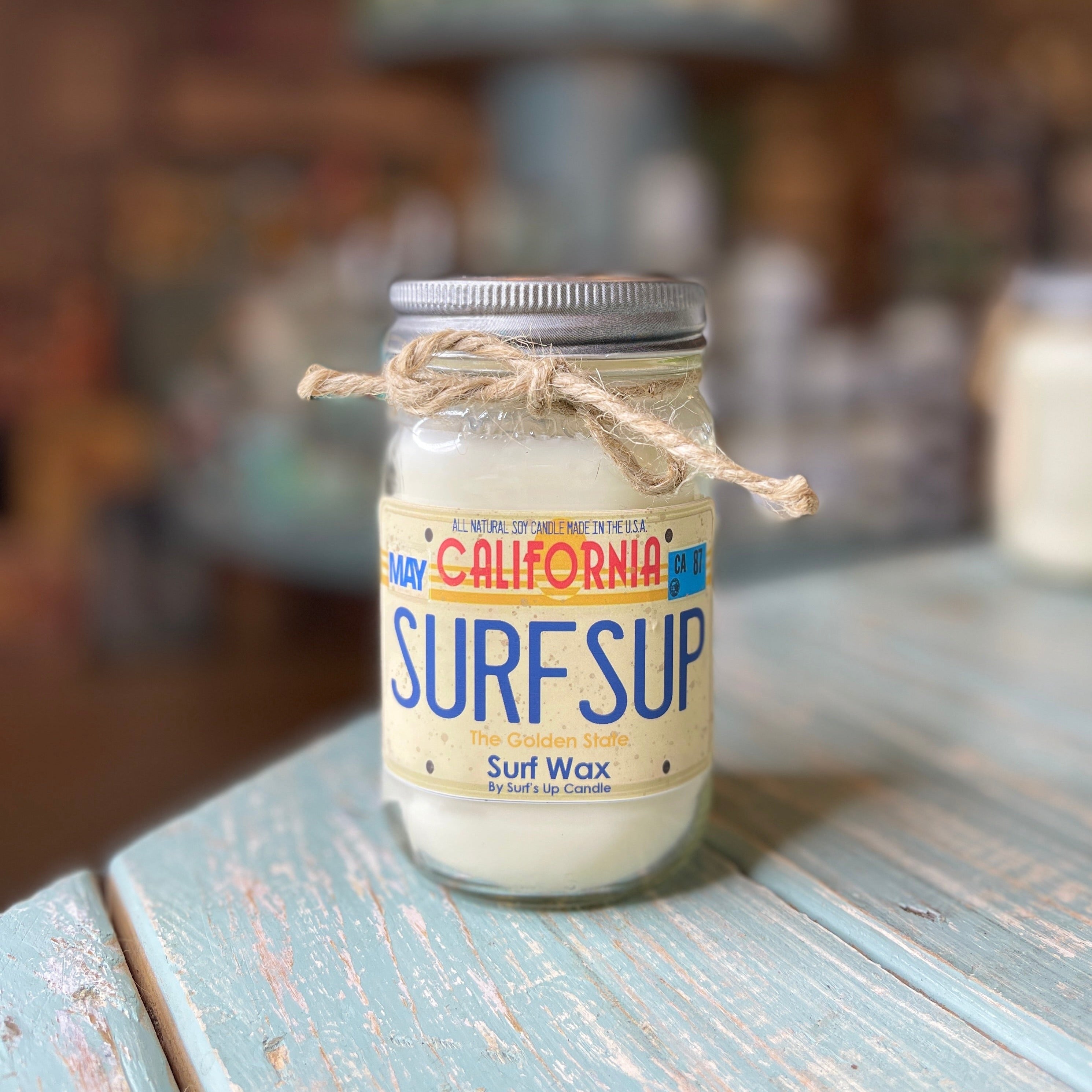 California License Plate Surf Wax Mason Jar Candle